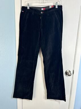 VTG Tommy Jeans Trousers Size 7 Black Velvet Pinstripe Low Rise Flare Leg Mob